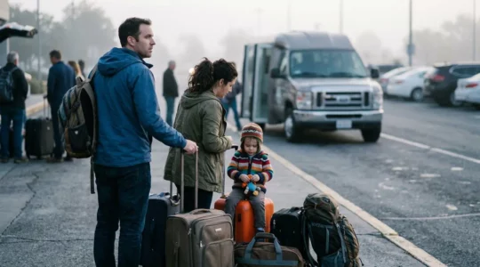 Une famille avec deux valises attend sur un parking extérieur, une navette floue visible en arrière-plan sous un ciel matinal légèrement voilé