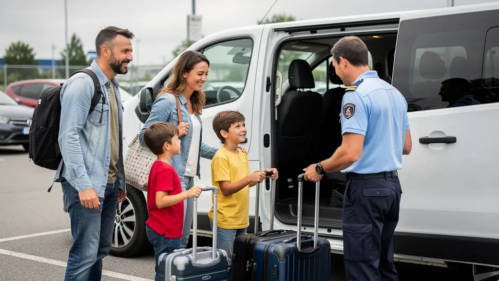 Famille française chargeant ses bagages dans une navette de parking aéroport