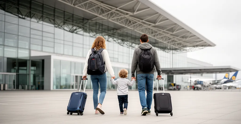 Famille avec enfant et valises marchant vers terminal CDG