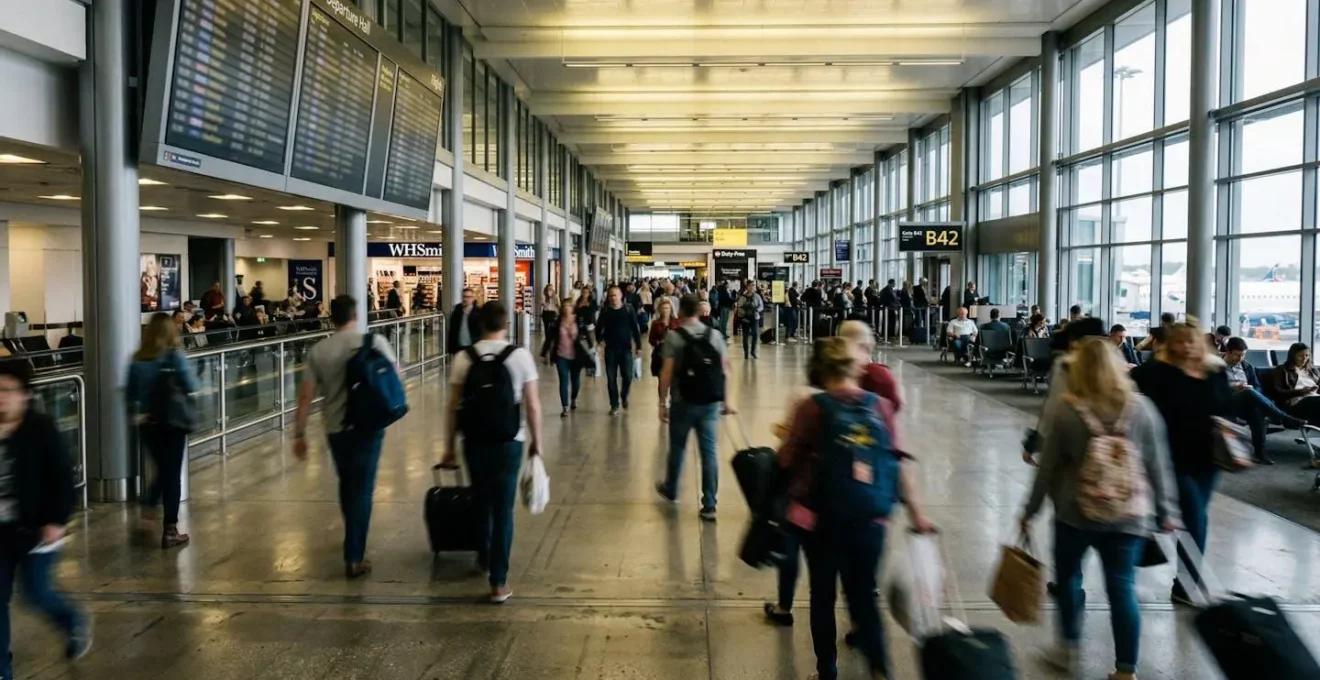 Panneau d'affichage de terminal à CDG flouté avec des passagers en mouvement au premier plan, éclairage intérieur d'aéroport