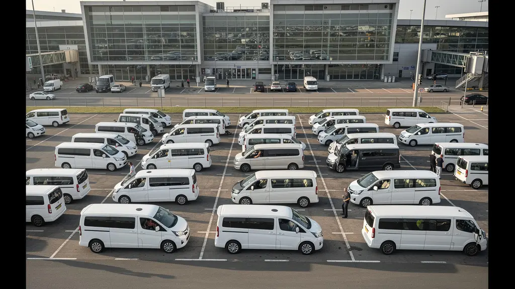 Parking extérieur organisé avec navettes blanches près de l'aéroport Roissy CDG