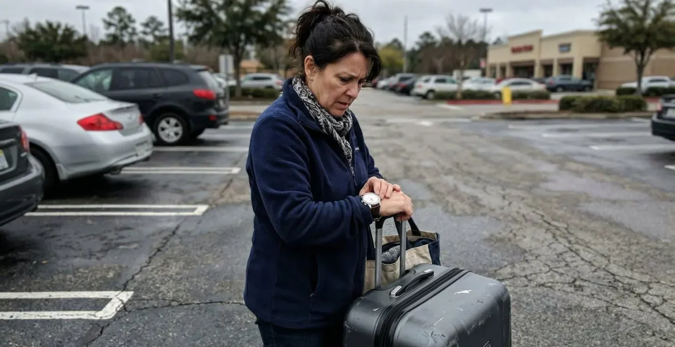 Un passager consulte sa montre près d'une valise posée sur un parking, ambiance légèrement stressée avec un ciel couvert