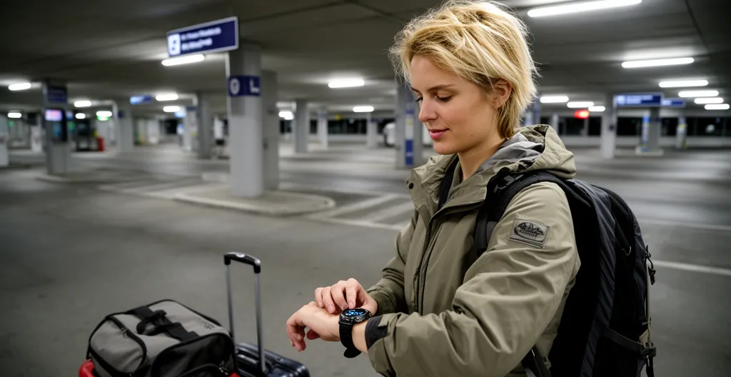 Voyageuse consultant sa montre en attendant navette parking Roissy