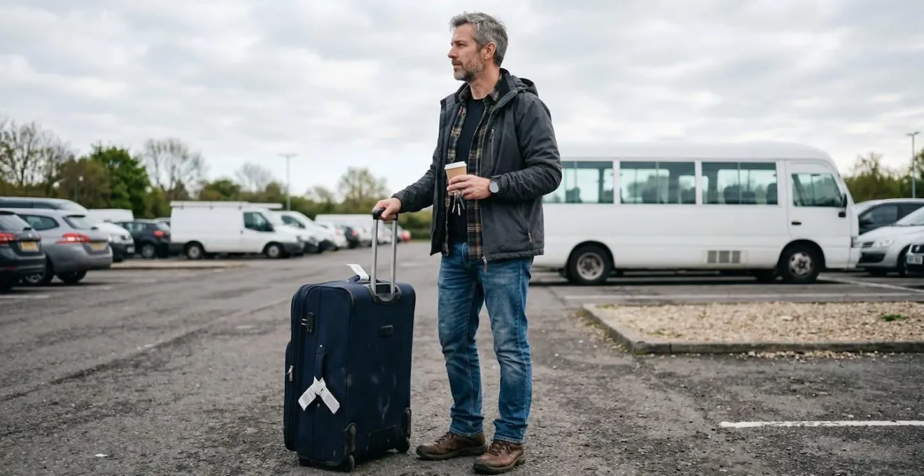 Voyageur avec valise attendant la navette dans un parking près de Roissy CDG