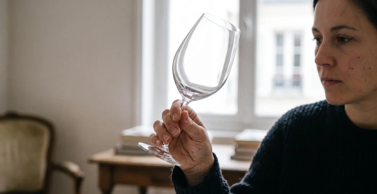 Main tenant un verre à vin à contre-jour devant une fenêtre pour en examiner la qualité et les caractéristiques