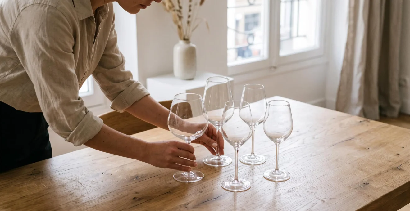 Mains arrangeant une sélection de verres à vin de différentes formes sur une table en bois dans une salle à manger