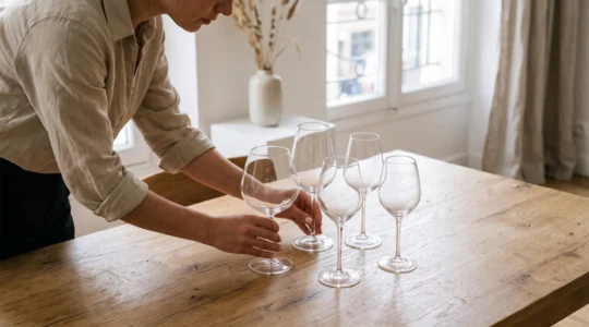 Mains arrangeant une sélection de verres à vin de différentes formes sur une table en bois dans une salle à manger