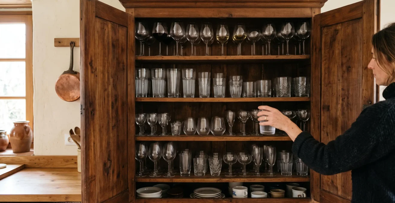Main rangeant un verre dans un meuble de cuisine où une collection de verres est organisée par catégories sur les étagères