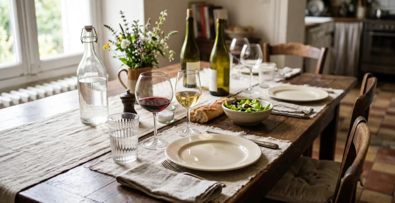 Table de salle à manger dressée avec différents types de verres pour un repas quotidien