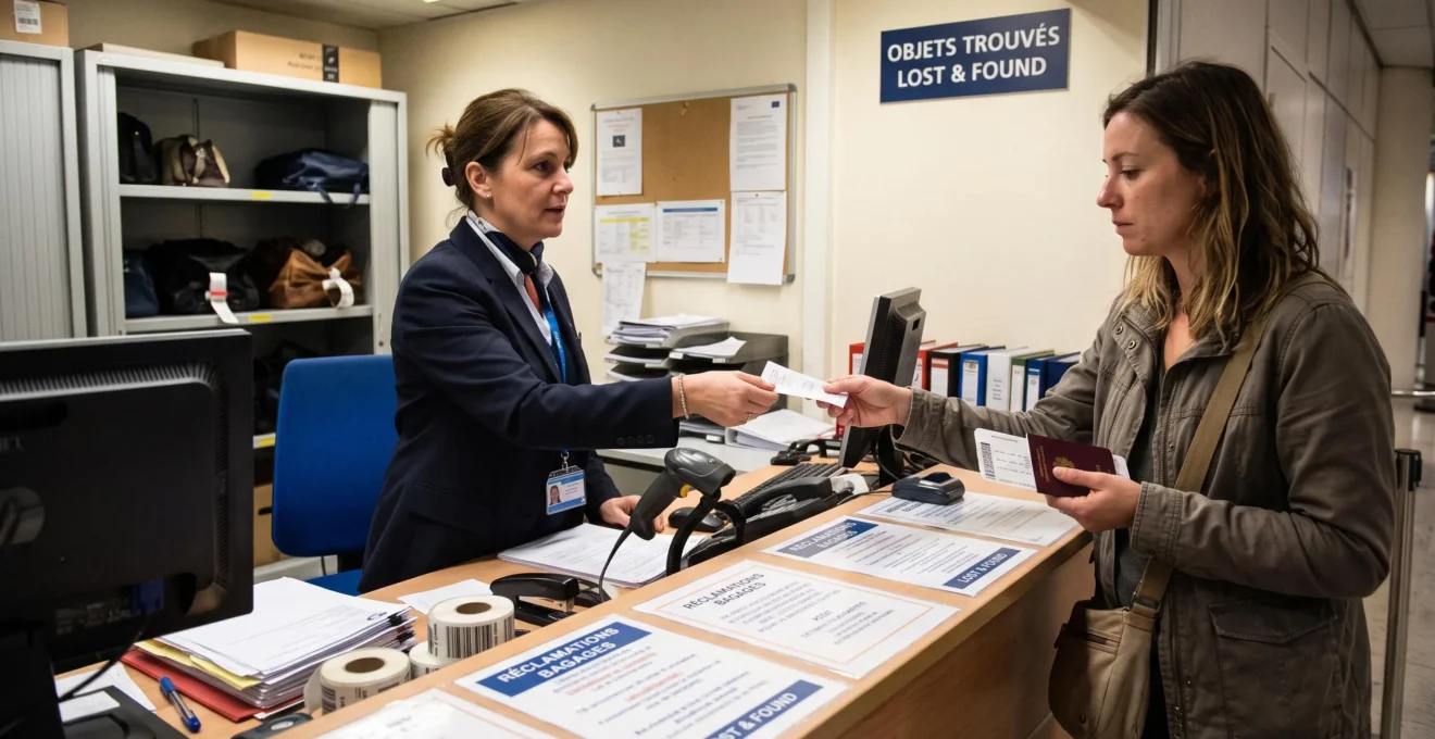 Un agent d'aéroport remet un récépissé à une voyageuse venue déclarer la perte de sa valise.