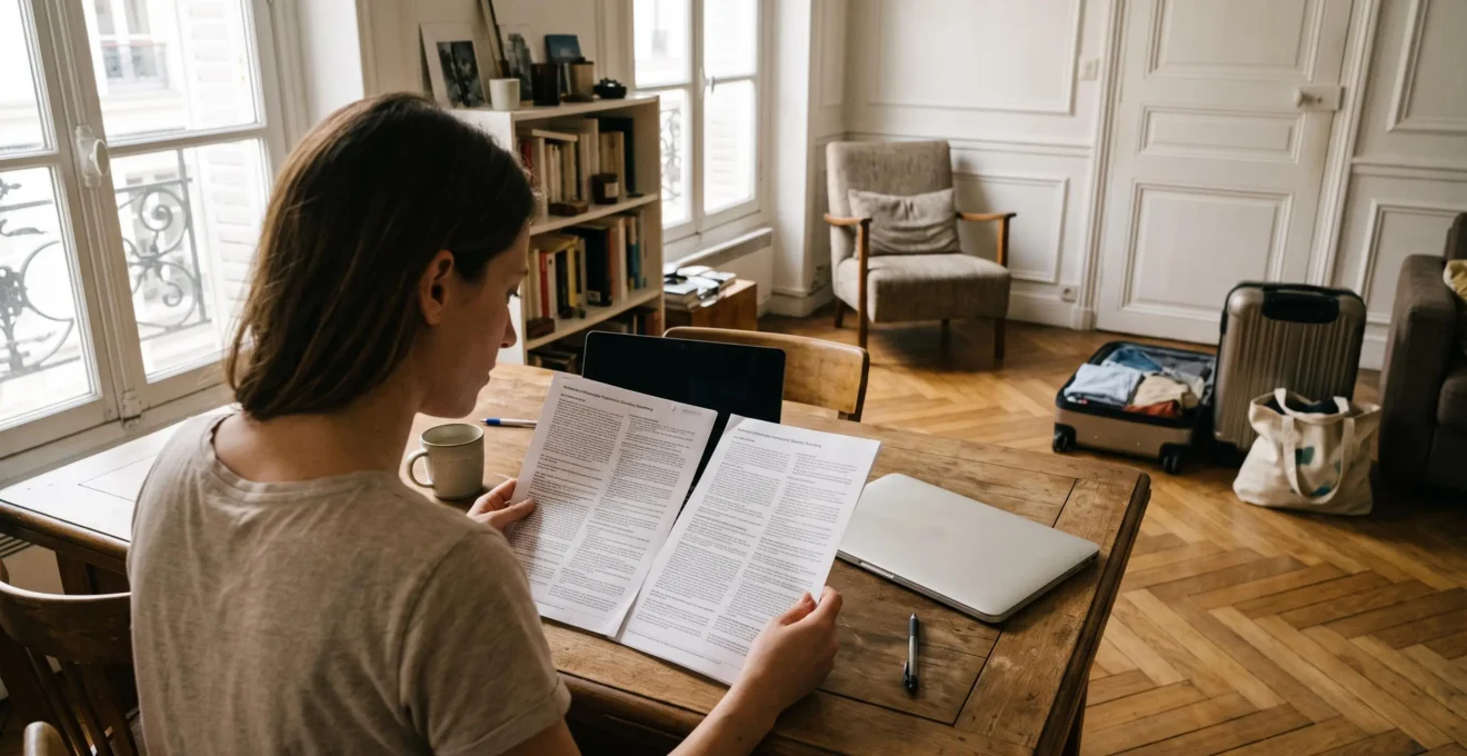 Une femme compare deux contrats d'assurance voyage chez elle avant son départ.
