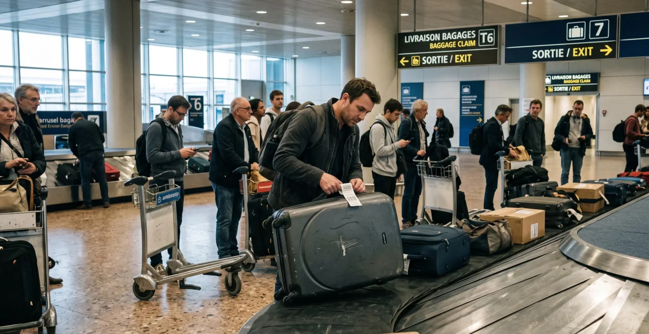 Un voyageur inspecte sa valise rayée au moment de la retirer du tapis bagages.